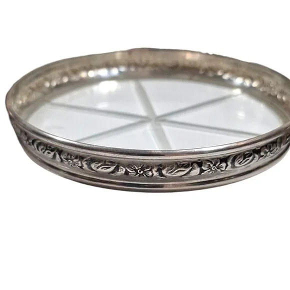 Vintage Sterling Silver Floral Rim Etched Glass Set Of 6 Coasters 164.44 grams - Picture 2 of 7